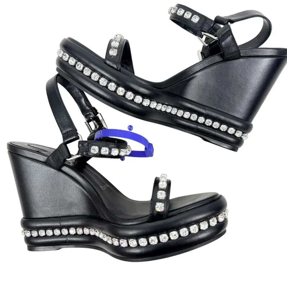 New Christian Louboutin Pyrastrass Crystals Wedge Sandals Black Size 37